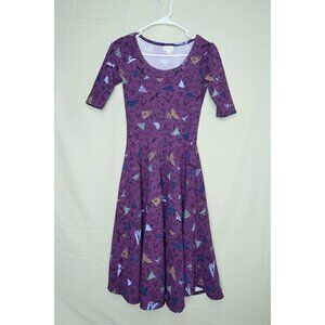 LuLaRoe Nicole Dress Fit Flare Purple Bird Patterned Stretch Scoop Neck Size XXS